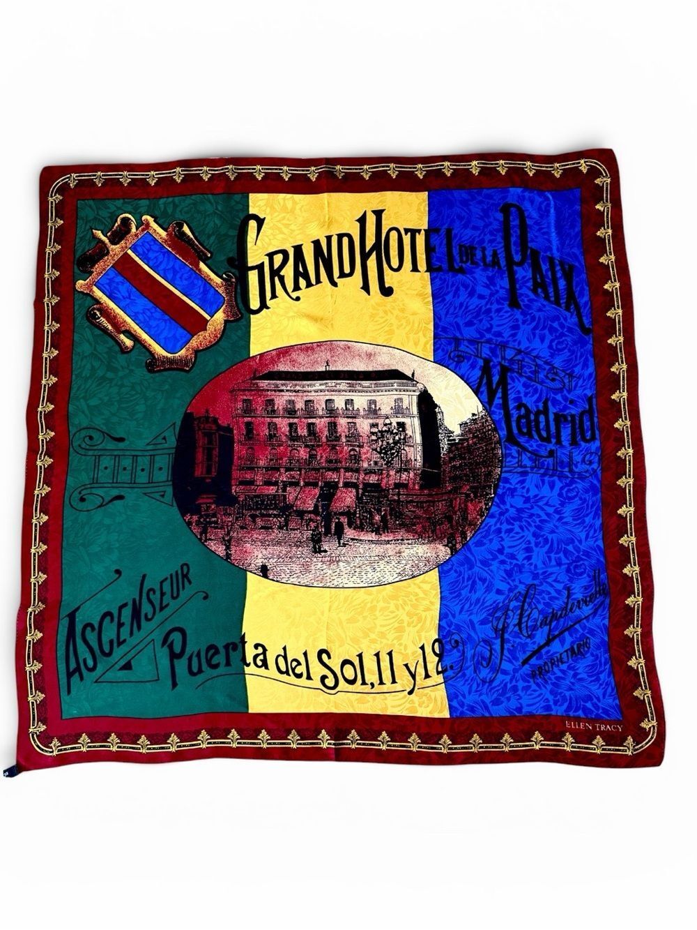 Ellen Tracy Silk Jacquard Scarf Grand Hotel De La Paix Madrid Travel Print Vtg